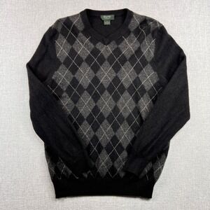 Marshall Field's Cashmere Argyle V Neck Sweater Men M Black Gray Dark Academia